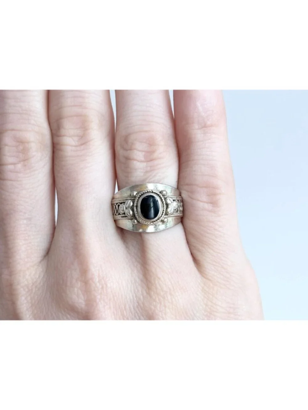 Thai Made Made Black Onyx Rope Chunky Sterling Silver 925 Vintage Ring - sz 6